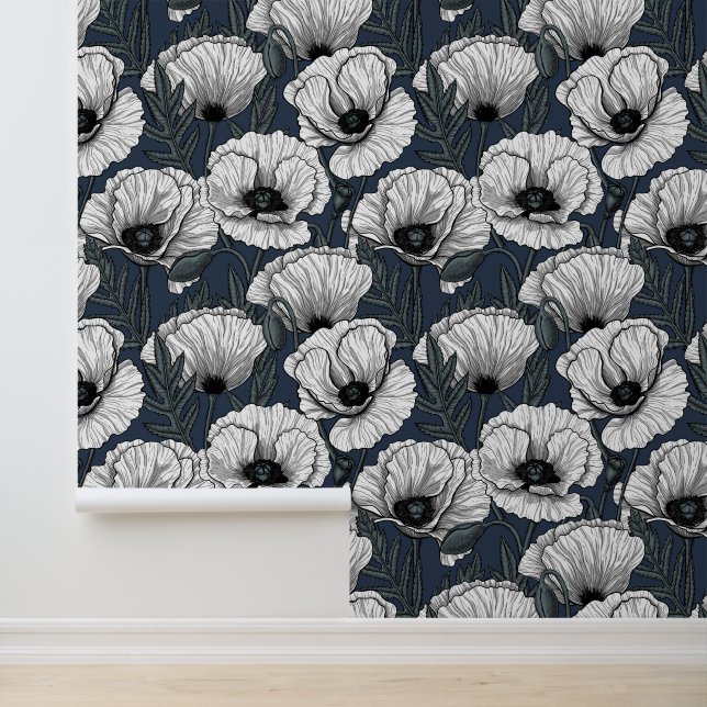 White poppies on navy wallpaper (Application)