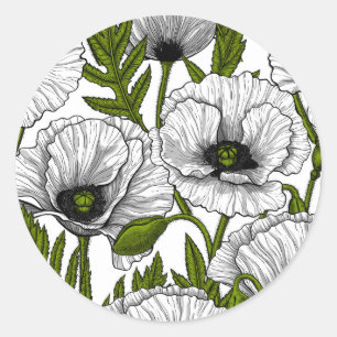 White poppies on white classic round sticker