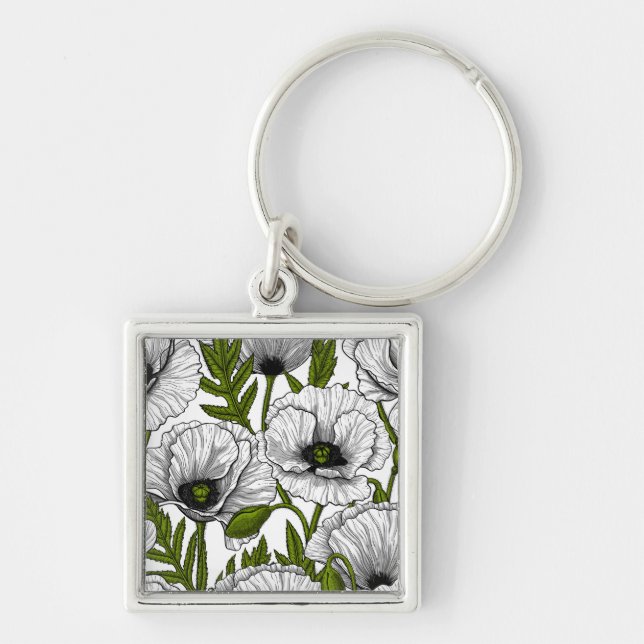 White poppies on white key ring (Front)