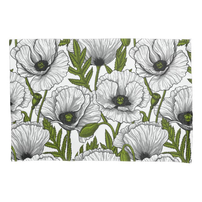 White poppies on white pillowcase (Front-Left)