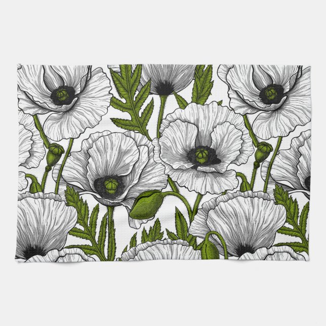 White poppies on white tea towel (Horizontal)