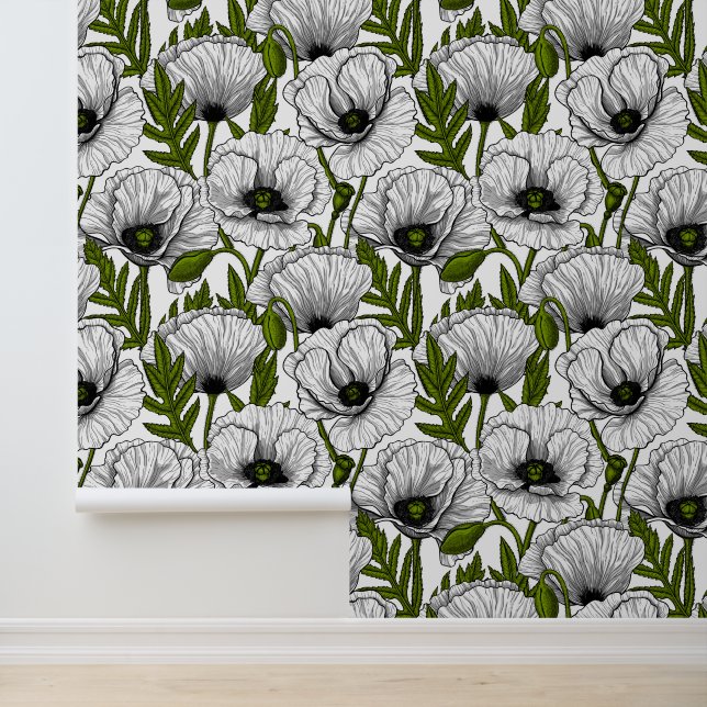 White poppies on white wallpaper (Application)