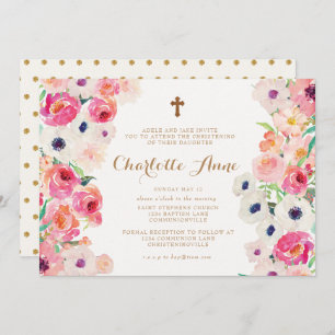White Poppies & Pink Roses Christening Invitation