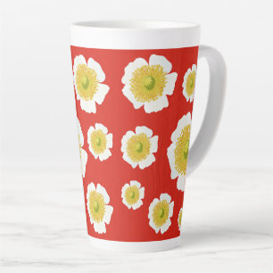 White Poppy design on latte mug