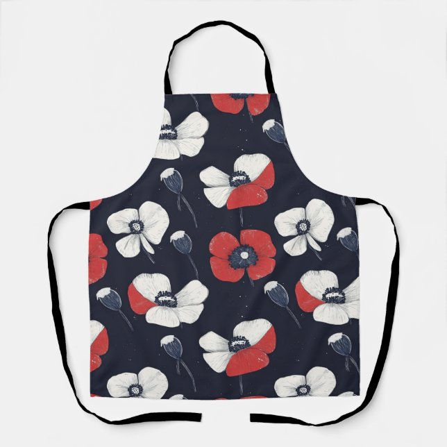 White Poppy Pattern with Red and Blue Accents Apron (Front)