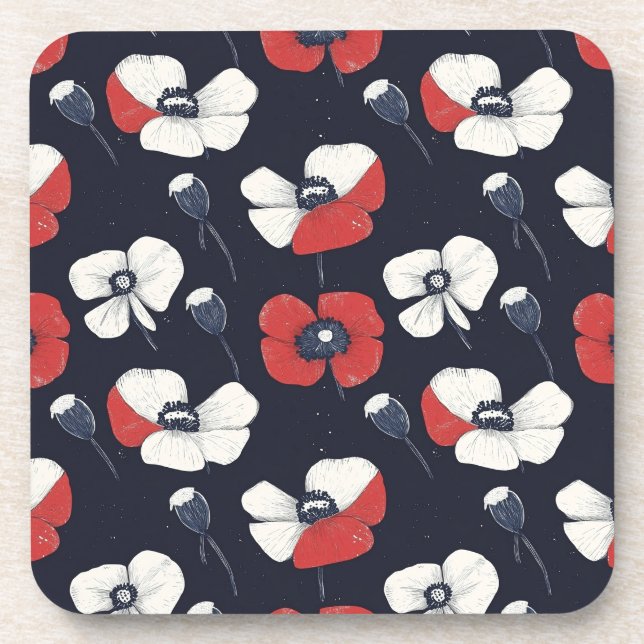 White Poppy Pattern with Red and Blue Accents Coaster (Front)