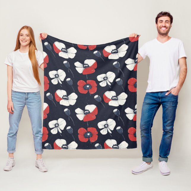 White Poppy Pattern with Red and Blue Accents Fleece Blanket (In Situ)
