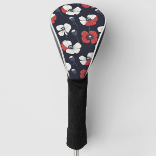 White Poppy Pattern with Red and Blue Accents Golf Head Cover