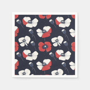 White Poppy Pattern with Red and Blue Accents Napkin