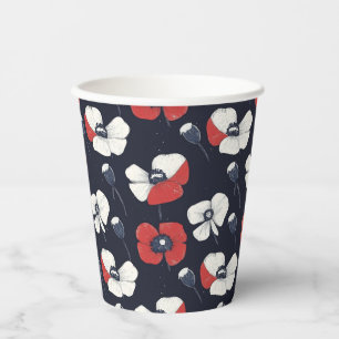 White Poppy Pattern with Red and Blue Accents Paper Cups