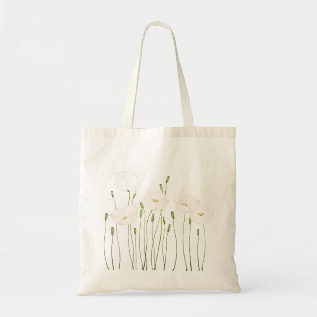 white poppy watercolor horizontal tote bag (Front)