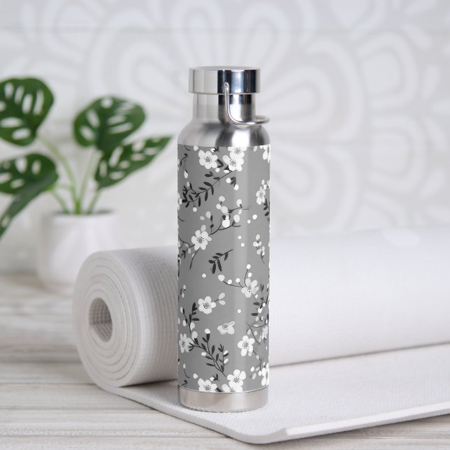 White Posies On Grey Water Bottle (Yoga)