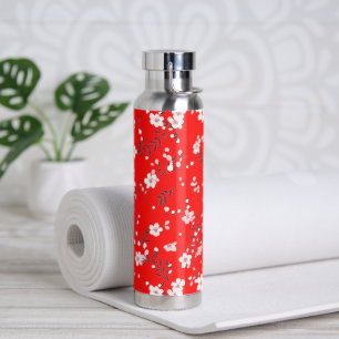 White Posies On Red Water Bottle