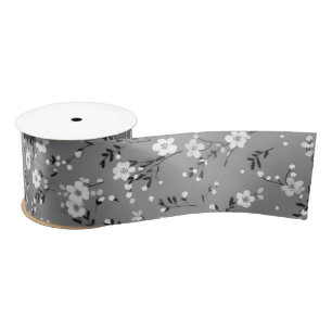 White Posy Print On Grey Satin Ribbon
