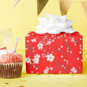 White Posy Print On Red Wrapping Paper