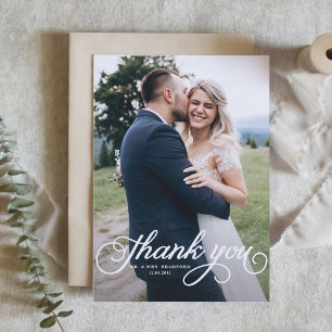 White Pretty Calligraphy Modern Photo Wedding Thank You Card