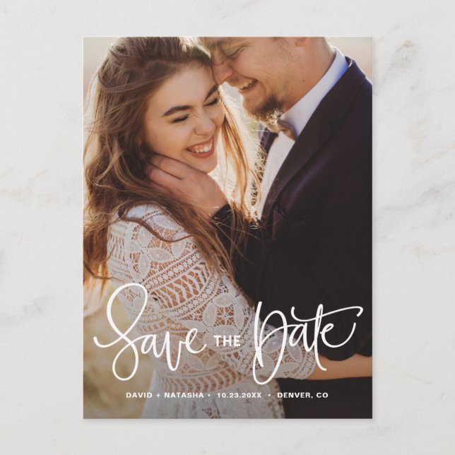 White Pretty Hand Lettering Photo Save the Date II Announcement Postcard (Front)
