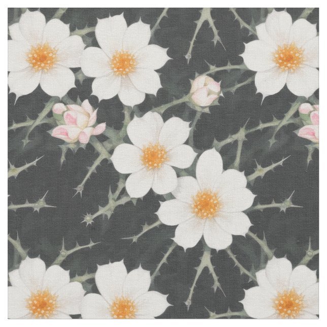 White prickly flowers on a dark background fabric (Close Up)