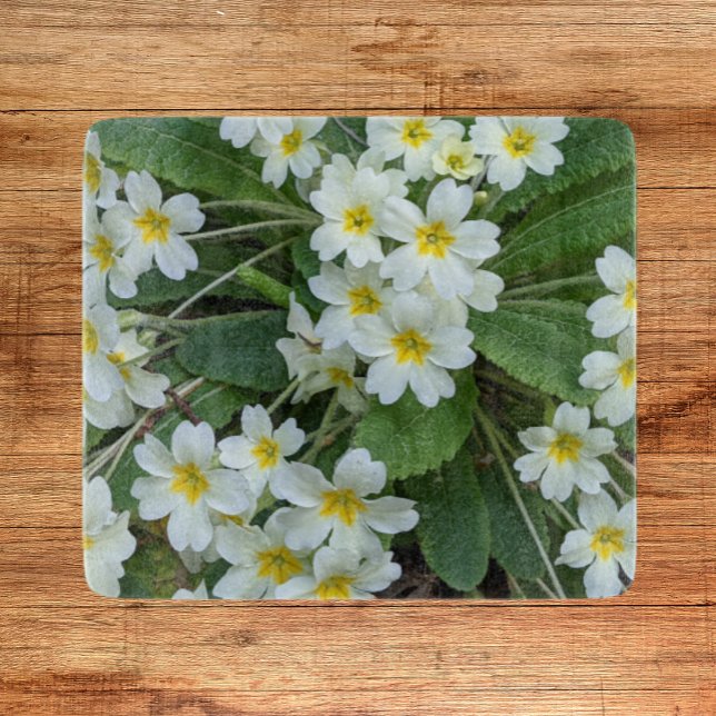 White Primroses with Yellow Centres Floral Cutting Board (In Situ)