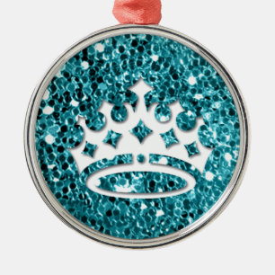White Princess Crown on Aqua Glitter Look Metal Tree Decoration