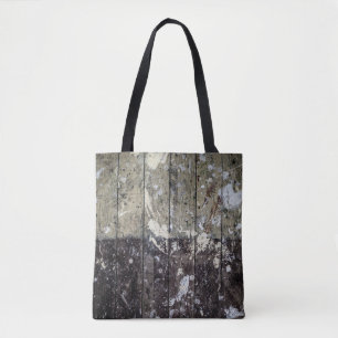 White print on brown wood tote bag