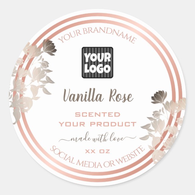 White Product Labels with Logo and Rose Gold Frame (Front)