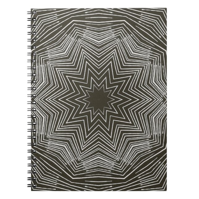 White Pulsating Star Kaleidoscope Pattern on Black Notebook (Front)