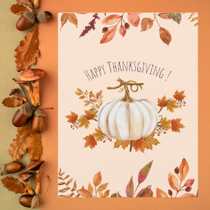 White Pumpkin and Autumn Leaves Thanksgiving Postcard