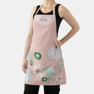 White Pumpkin And Flowers Watercolor Art Pattern Apron