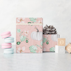 White Pumpkin And Flowers Watercolor Art Pattern Wrapping Paper
