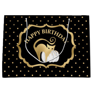 White Pumpkin and Gold Cat Polka Dots Birthday Large Gift Bag