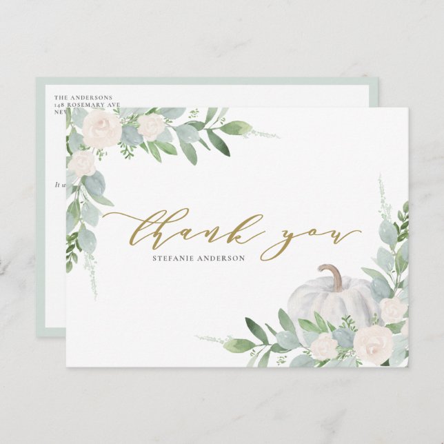 White Pumpkin and Greenery Autumn Thank You Postcard (Front/Back)