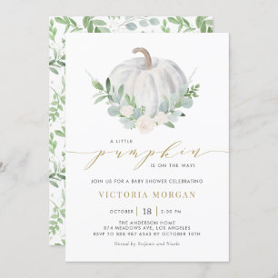 White Pumpkin and Greenery Fall Baby Shower Invitation