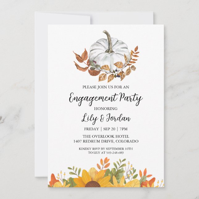 White Pumpkin and Greenery Fall Engagement Party Invitation (Front)