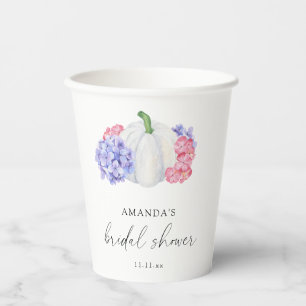 White pumpkin and hydrangea flowers bridal shower paper cups