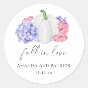 White pumpkin and hydrangea flowers wedding classic round sticker