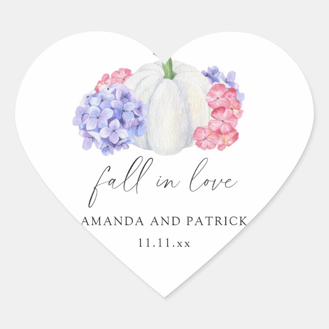 White pumpkin and hydrangea flowers wedding heart sticker (Front)