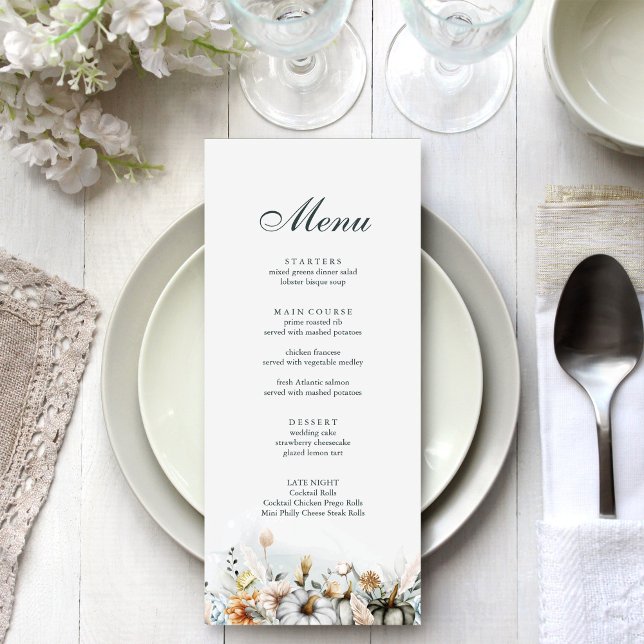 White Pumpkin and Wildflowers Wedding Menu Card (White Pumpkin and Wildflowers Wedding Menu Card on a beautiful white and silver dinner table.)