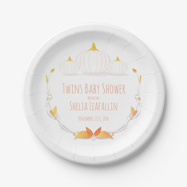 White Pumpkin Autumn Twins Baby Shower Paper Plate (Front)