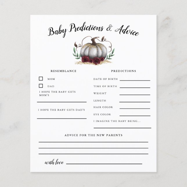 White Pumpkin Baby Predictions & Advice Card (Front)