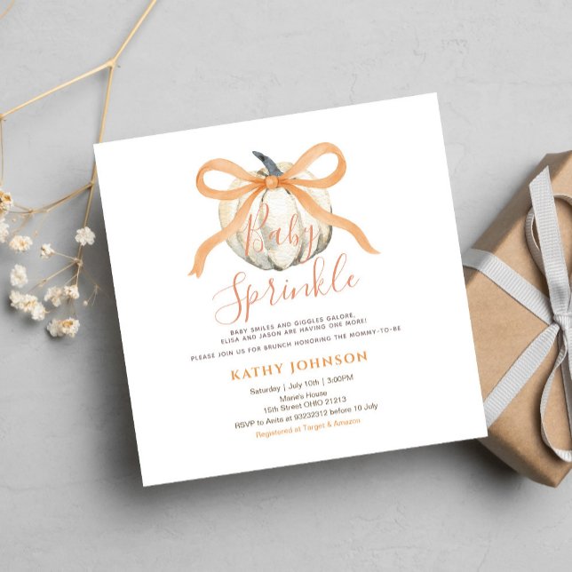  White Pumpkin Baby Sprinkle Bow Gingham Invitation (Creator Uploaded)