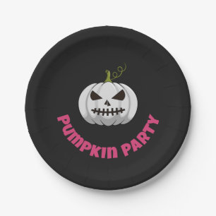 White Pumpkin Black Paper Plate With Party Text