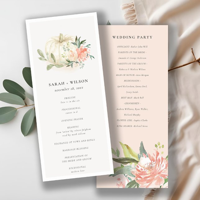 White Pumpkin Blush Flora Wedding Ceremony Program Menu (Creator Uploaded)