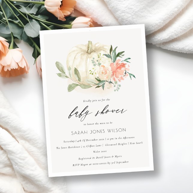 White Pumpkin Blush Floral Baby Shower Invite (Creator Uploaded)