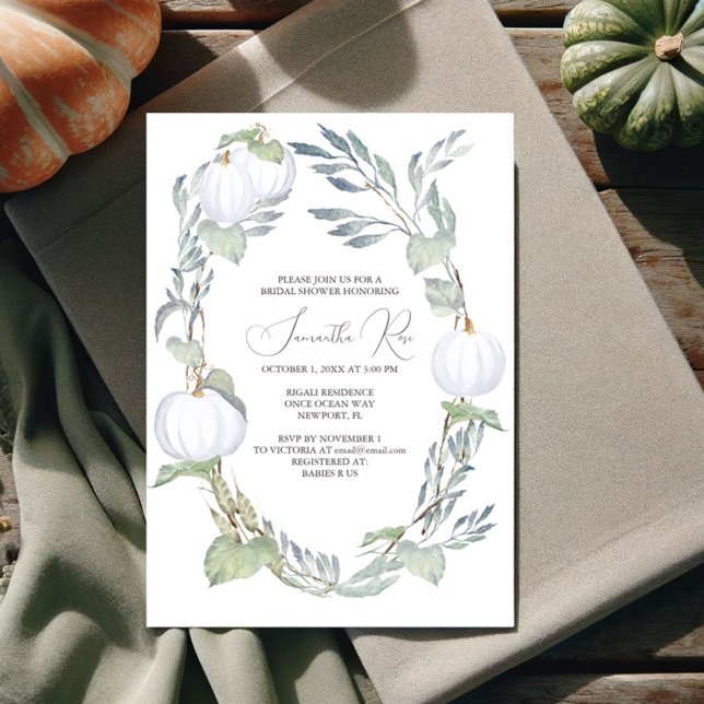 WHITE PUMPKIN Bridal Shower Green Leaves Invitation (Fall bridal shower invitations watercolor white pumpkin with sage green. Shop online for printable )