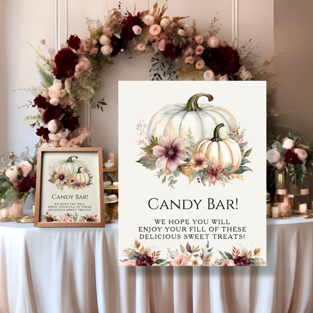 White Pumpkin Burgundy Fall Floral Candy Bar Sign (Creator Uploaded)