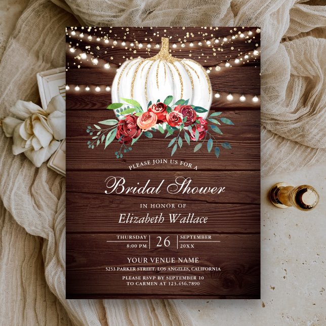 White Pumpkin Burgundy Floral Wood Bridal Shower Invitation (Creator Uploaded)