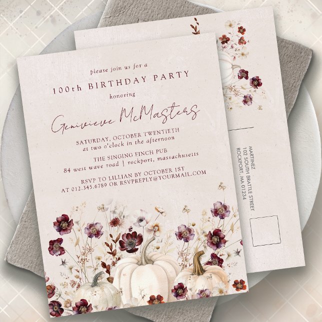 White Pumpkin Burgundy Wildflower 100th Birthday Invitation Postcard (Creator Uploaded)