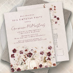 White Pumpkin Burgundy Wildflower 80th Birthday Invitation Postcard<br><div class="desc">Elegant white pumpkins are nestled in burgundy and white watercolor flowers.</div>