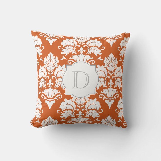 White & Pumpkin Damask Monogrammed Pillow (Front)